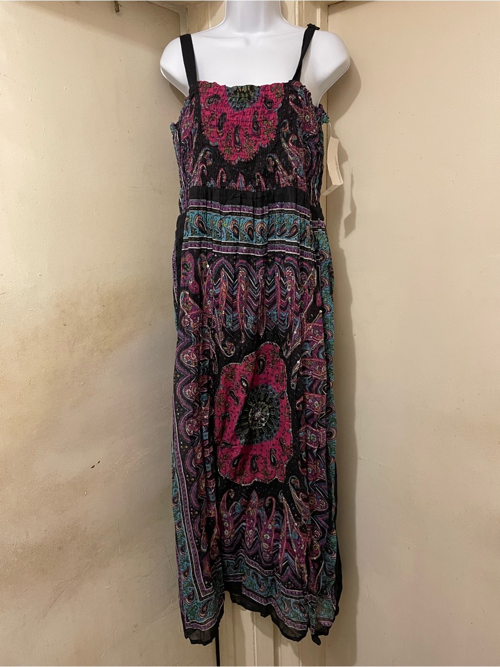 Studio West Women’s L Black Multicolor Paisley Square Neck Maxi Dress Cotton